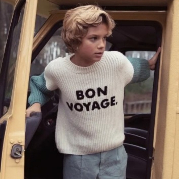 PIUPIUCHICK Knitted Sweater In Emerald And Ecru Embroidered "Bon Voyage" Size 6 - Picture 2 of 13